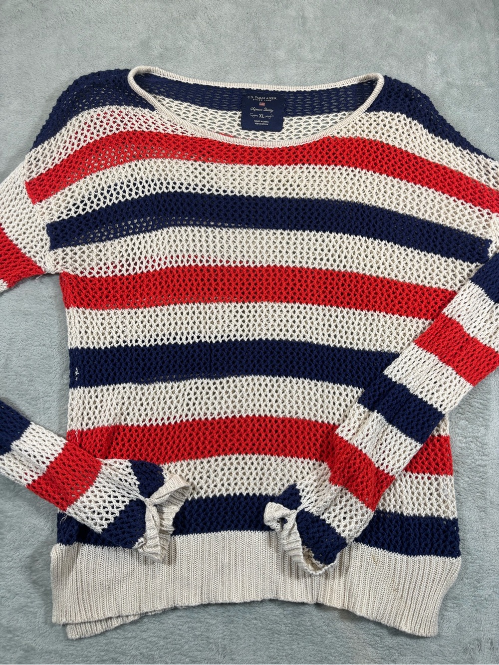 U.S. Polo Assn. Striped Open Knit Sweater Red White Blue Size XL